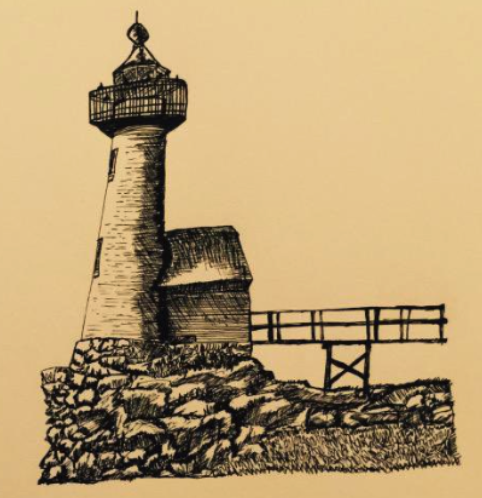 Pen and ink drawing of a light house